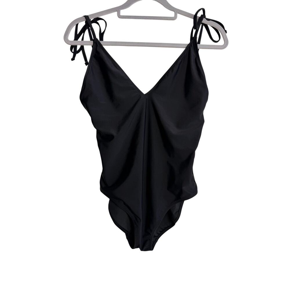 Aerie One Piece Full Coverage Swimsuit M Solid Black Tie Shoulder V Neck Maillot